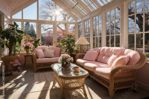 Bright and airy sunroom with comfortable seating and indoor plants, Generative AI photo