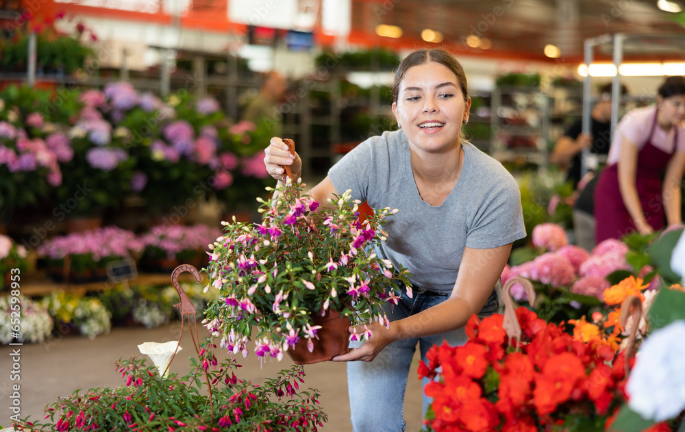 Cheerful young girl choosing potted colorful blooming fuchsia in flower shop to decorate courtyard or patio..