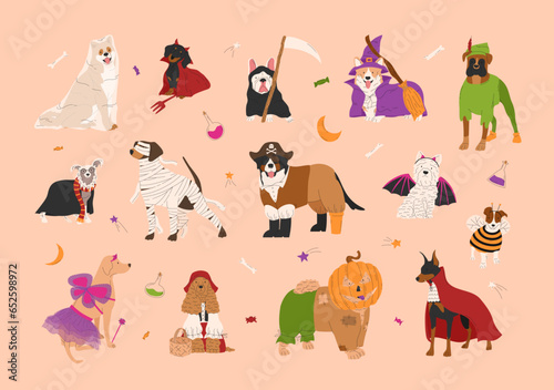 Fototapeta Naklejka Na Ścianę i Meble -  Halloween set with dogs in cute Halloween costumes. Trick or treat. Happy Halloween vector illustration. Isolated object for stickers, greeting card and your celebrating design