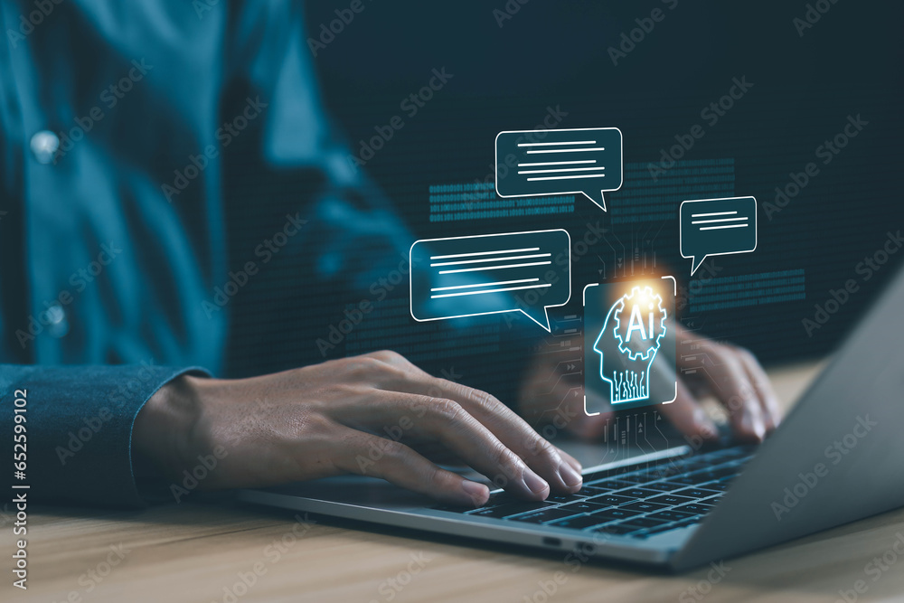 ai chat digital technology, business communication, and development of smart robot conversation, bot artificial intelligence open for  customer, concept command prompt chatbot generates information - obrazy, fototapety, plakaty 