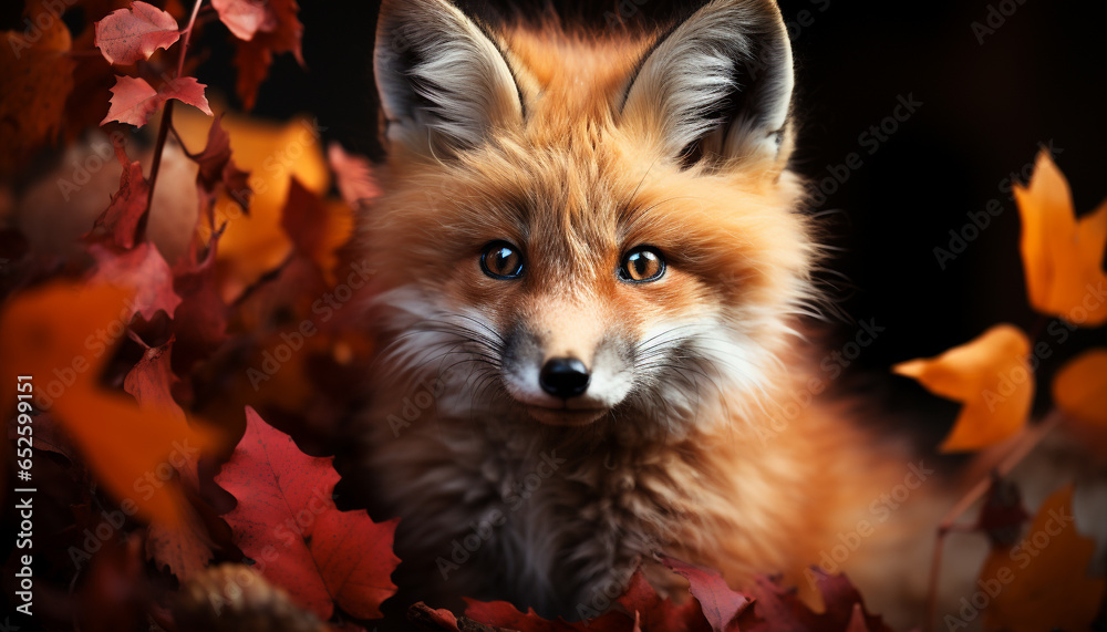 Fototapeta premium Cute small fox in autumn forest, fluffy fur, looking at camera generated by AI