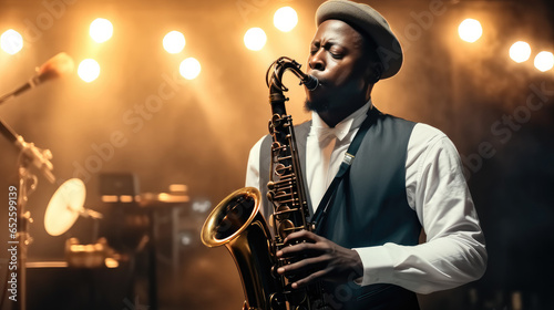 African American jazz performer plays the saxophone on stage.