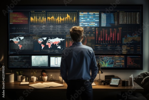 Male Financial business, analysis data dashboard, standing in front of the screen, Generative AI