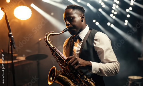 African American jazz performer plays the saxophone on stage. photo