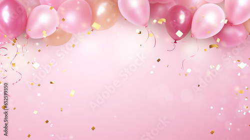 Balloons and Confetti on Pink Birthday Background