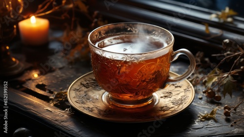 Cozy atmosphere: warmth and relaxation with a hot tea drink by candlelight