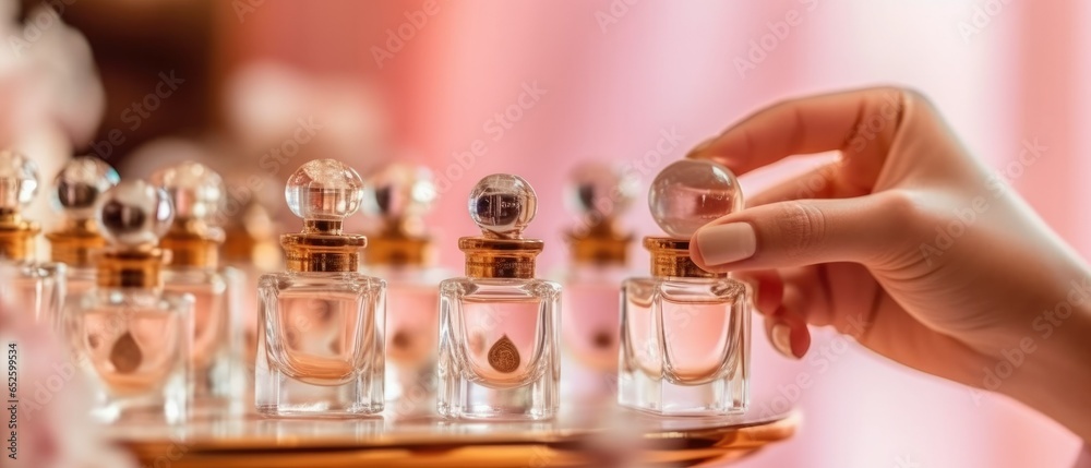 close-up hand woman trying sample perfumes in a fragrance store close-up hand woman trying sample perfumes in a fragrance store