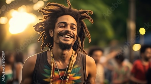 Portrait of a young man having fun in a reggae music festival. photo