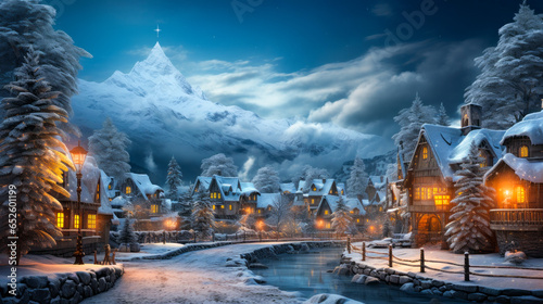 Digital Matte Painting: Santa's Hidden Village with Christmas Trees and Snowy Mountains © Bartek