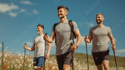 Group of men practicing Nordic walking with poles on rural road.