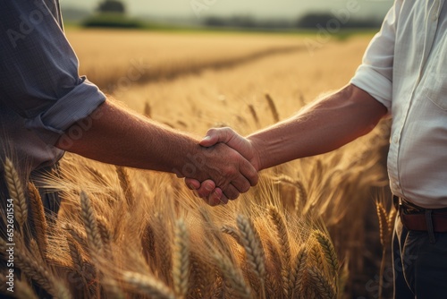 Farmers and businessmen join hands to reach an agreement or contract. Generative AI