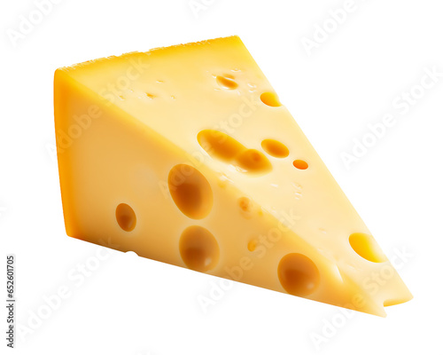 Piece of cheese isolated on white background, yellow triangle cut cheese with holes