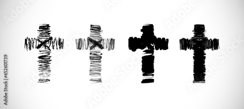 Jesus cross. Set of artistic sketches. Hand drawing style. Black and white concept. Brushing stroke template. Christian church logo element. T shirt graphic idea. Abstract crosses. Grunge design.