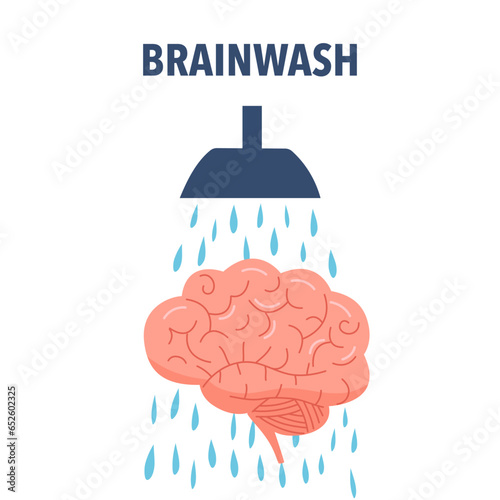 Brainwashing concept vector illustration. Showering on human brain in flat design on white background.