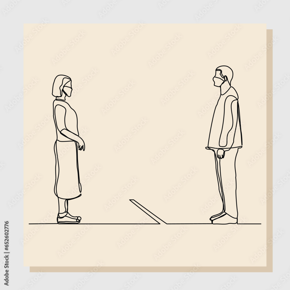 Continuous single one line sketch hand drawn drawing of people standing and wearing mask in social distancing to prevent spreading of viruses. Vector illustration Continuous single one line sketch hand drawn drawing of people standing and wearing mask in social distancing to prevent spreading of viruses. Vector illustration