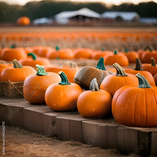 Pumpkins lined up in rows on a wooden platform