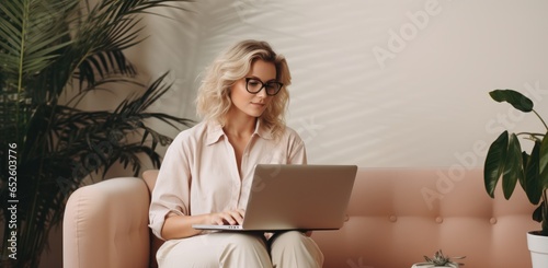 Driven young white American girl intently working on her laptop, seated gracefully on a sofa. Embodies the essence of contemporary at-home entrepreneurship with sophistication and determination.