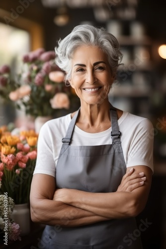 Happy senior woman standing in flower shop, Owner. © visoot
