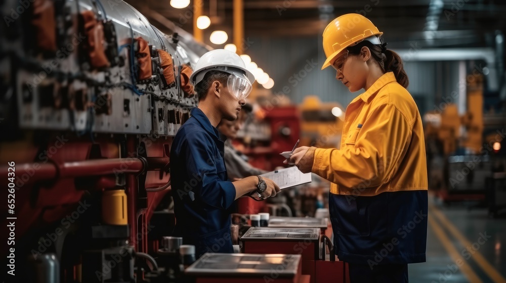 Professional engineer inspector conduct safety inspection on steel machinery and manufacturing process in heavy industry facility.