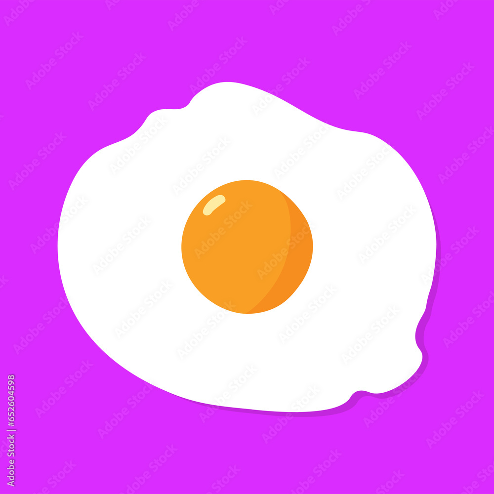 An orange fried egg in the middle of the egg white has a shadow, then a purple background