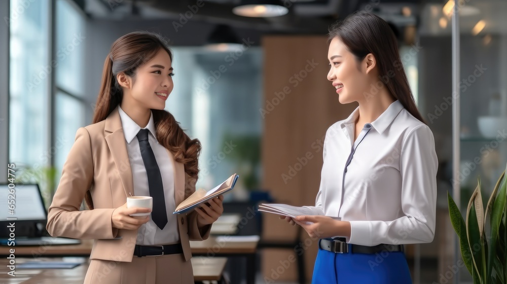 Two Asian business woman doing discussion and working in the office together. Two Asian business woman doing discussion and working in the office together.