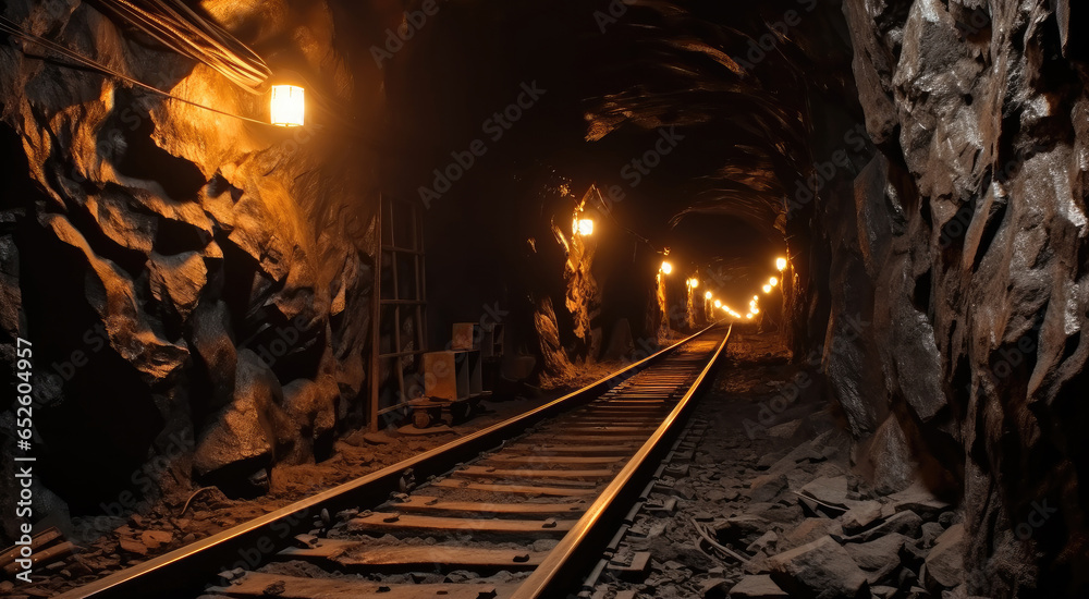 Naklejka premium Coal mine underground corridor with freight railroad.