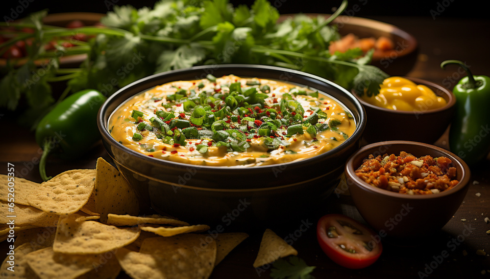 Freshness and vegetable combine in a healthy gourmet guacamole meal generated by AI