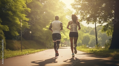 Un hombre y una mujer corriendo. Ropa deportiva photo