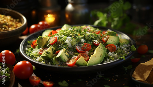 Fresh salad with tomatoes, cucumbers, and healthy green vegetables generated by AI