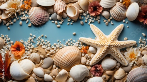 Sea sandy beach background with seashells and starfish.