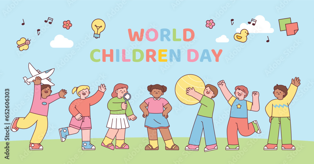 Fototapeta premium World children day. Cute children are standing together and having fun. Children of various races around the world.