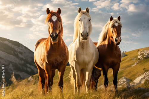 Three wild horses in a mountains