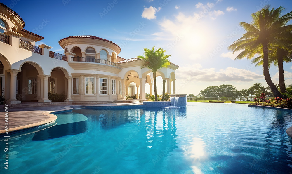 stunning home exterior bathed in sunlight, accompanied by a vast swimming pool that glistens under the clear blue sky