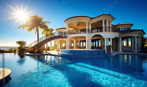 stunning home exterior bathed in sunlight, accompanied by a vast swimming pool that glistens under the clear blue sky