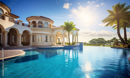 stunning home exterior bathed in sunlight, accompanied by a vast swimming pool that glistens under the clear blue sky
