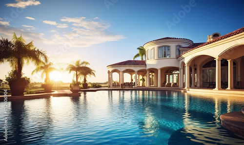 stunning home exterior bathed in sunlight, accompanied by a vast swimming pool that glistens under the clear blue sky © Debi Kurnia Putra