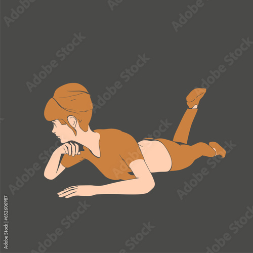 Lying woman. Sport girl illustration. Casual sportwear - t-shirt, breeches and sneakers. Young woman wearing workout clothes. Sport fashion girl outline in urban casual style.