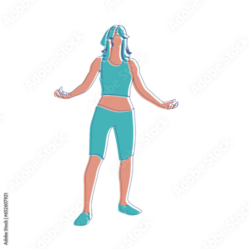 Woman standing in charming pose. Sport girl illustration. Casual sportwear - t-shirt, breeches and sneakers. Young woman wearing workout clothes. Sport fashion girl outline in urban casual style.