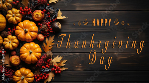 Top view of Autumn maple leaves with Pumpkin on wooden background. Thanksgiving day concept