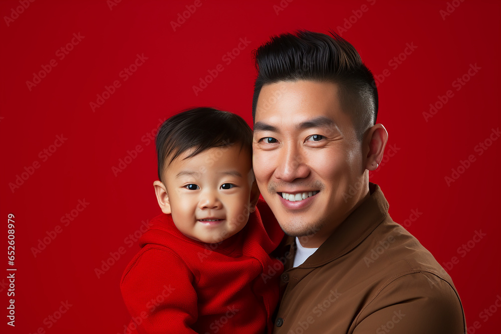 Studio portrait of handsome man holding infant baby in his hands on different colour background Studio portrait of handsome man holding infant baby in his hands on different colour background