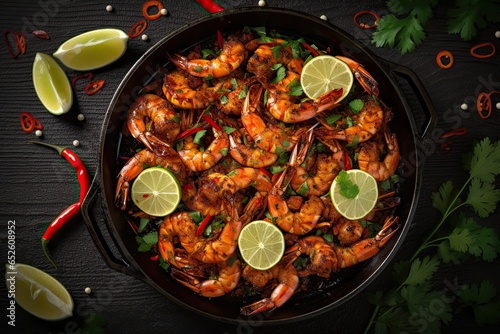 Grilled fresh Spicy Prawns Shrimps with lime and oregano in serving pan. top view
