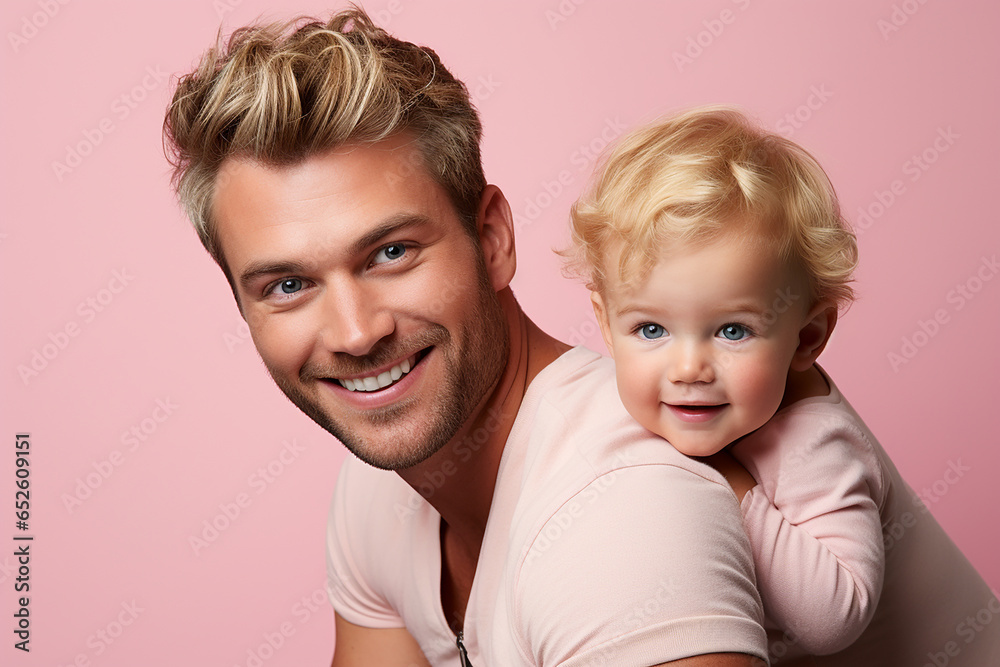 Studio portrait of handsome man holding infant baby in his hands on different colour background Studio portrait of handsome man holding infant baby in his hands on different colour background