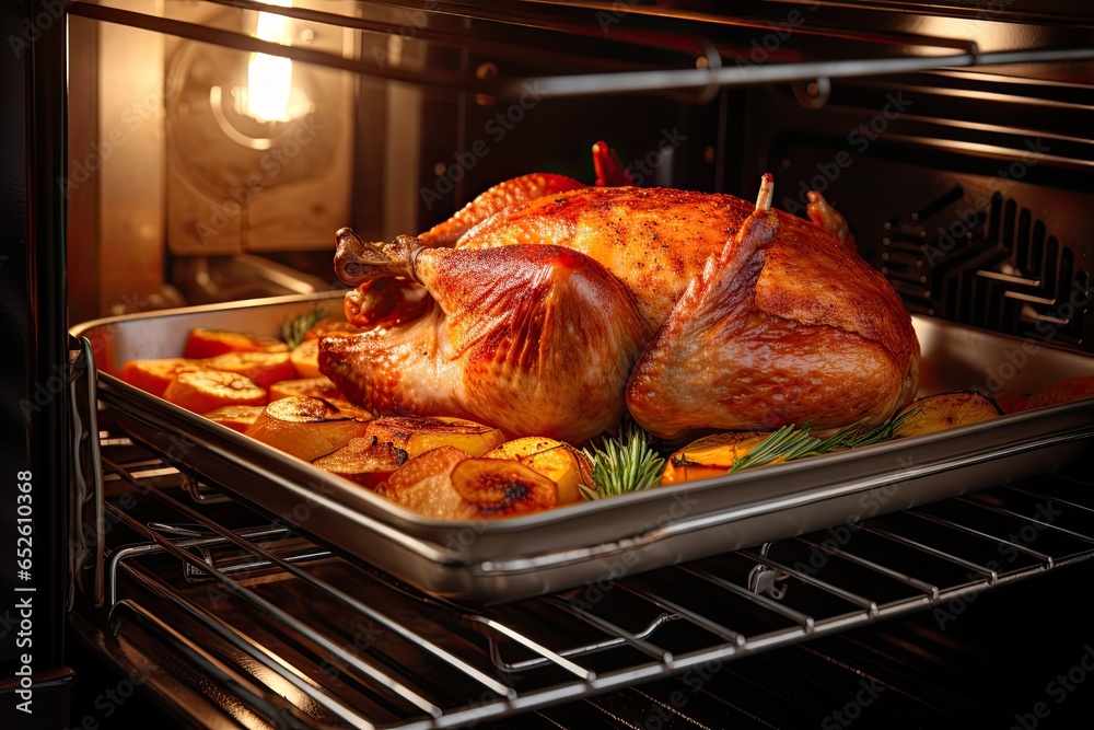 Naklejka premium Roasting Turkey in the Oven for Holiday Dinner