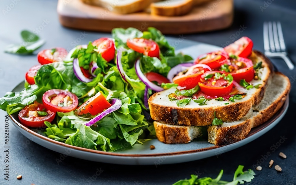 Toast bread with salad breakfast food concept illustration ingredients tomato delicious Toast bread with salad breakfast food concept illustration ingredients tomato delicious