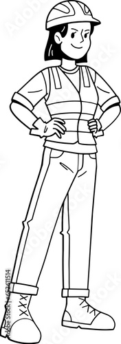 The builder woman outline cartoon character, coloring page