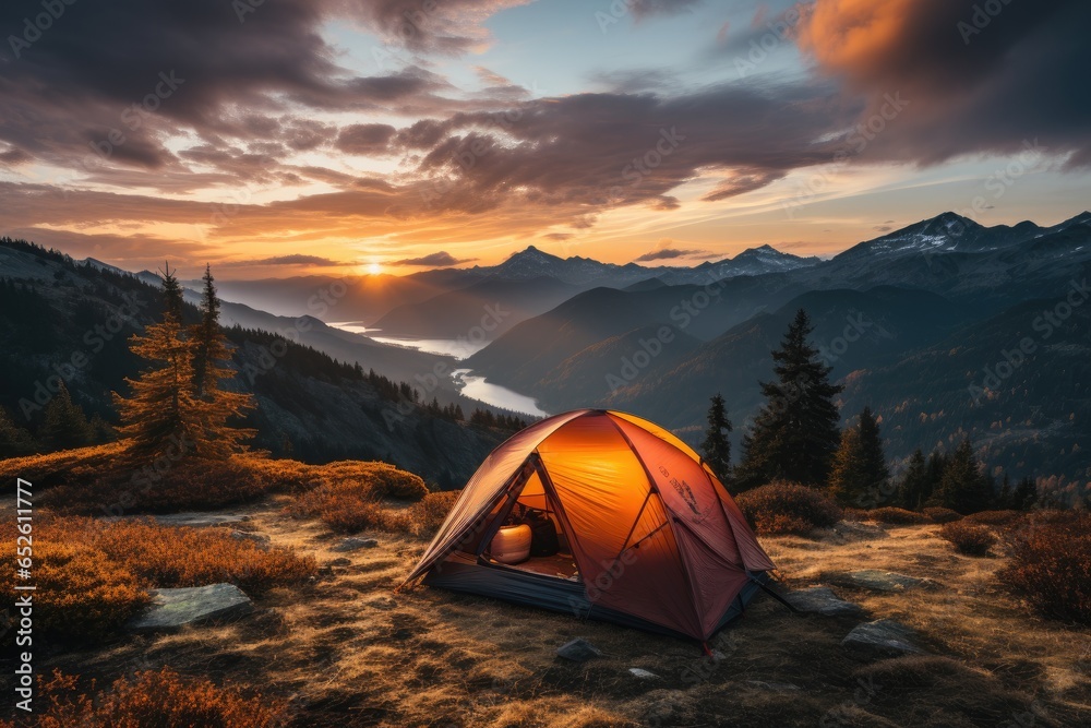 Sunset Oasis: An Alpine Camping Tent Nestled High in the Mountains