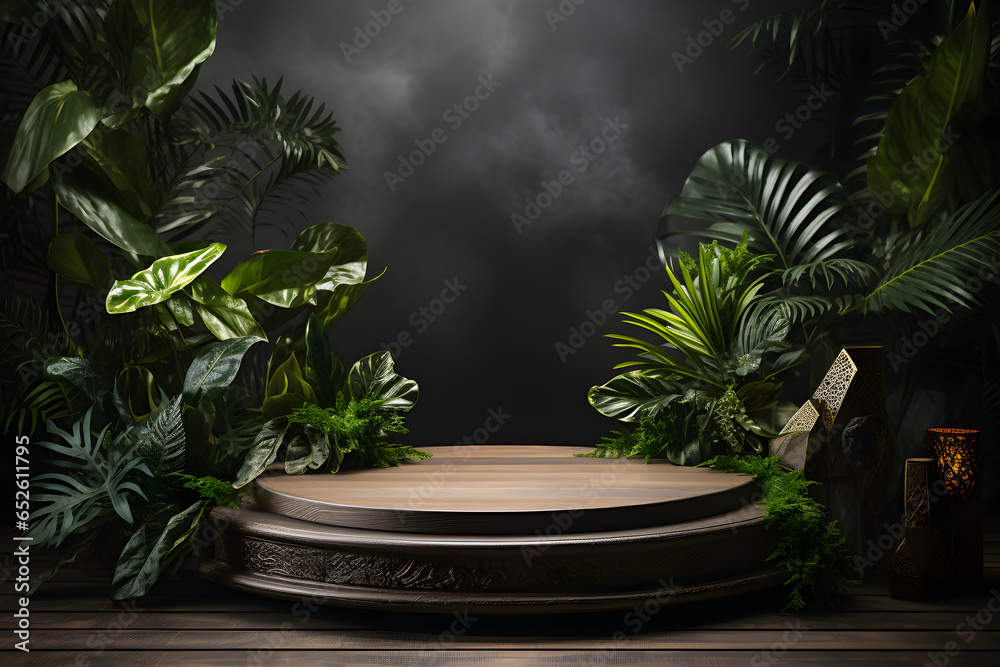 Wooden stand for product presentation with tropical leaves on background. Concept scene stage showcase for new product, promotion sale, presentation, advertising. Copy space. Generative Ai