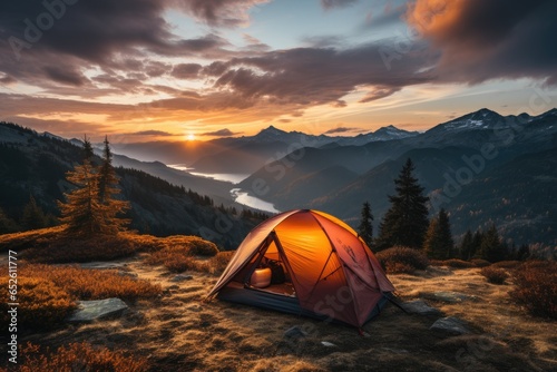 Sunset Oasis: An Alpine Camping Tent Nestled High in the Mountains