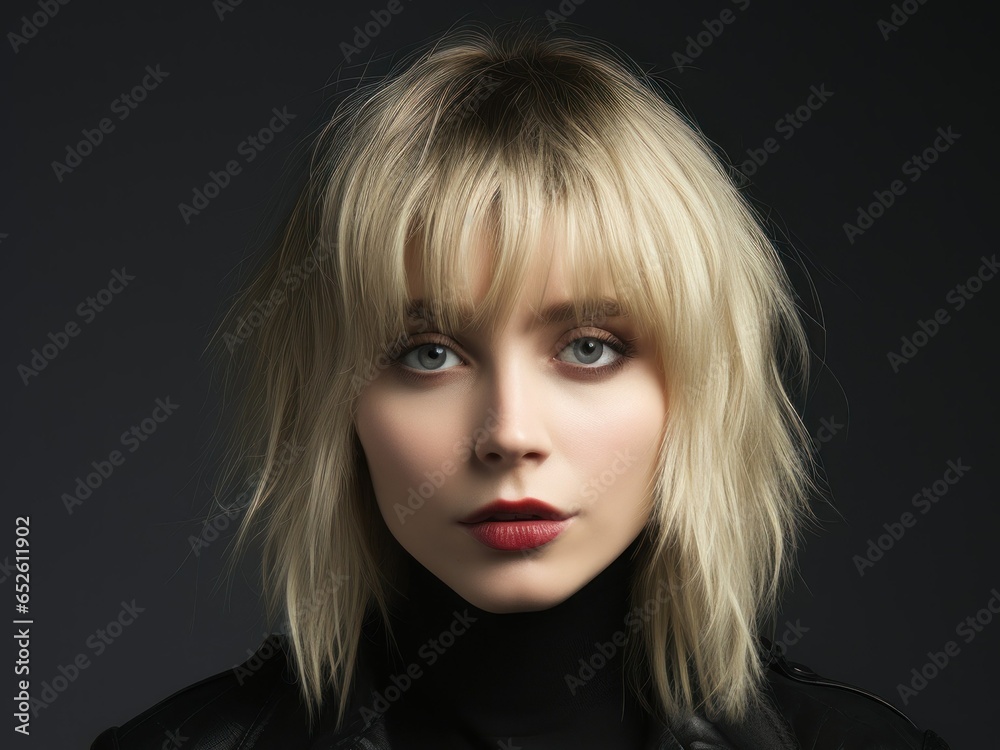 Close-Up Portrait of a Fictional Model Woman with Stylish Dyed Blond Mid-Short French Bob Haircut on a Neutral Background. Hairstyle for Women Hair Salon. Generative AI. Close-Up Portrait of a Fictional Model Woman with Stylish Dyed Blond Mid-Short French Bob Haircut on a Neutral Background. Hairstyle for Women Hair Salon. Generative AI.