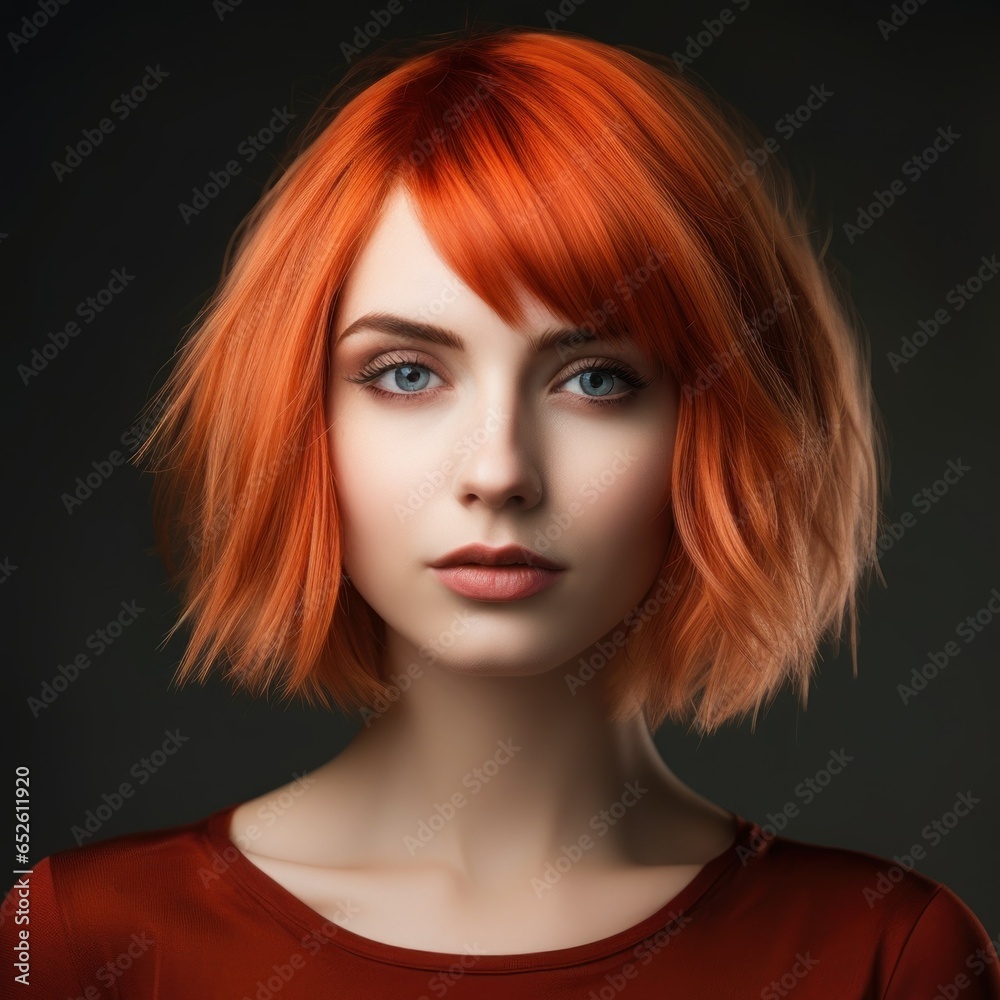 Close-Up Portrait of a Fictional Redhead Model Woman with Stylish Mid-Short French Bob Haircut on a Neutral Background. Hairstyle for Women Hair Salon. Generative AI. Close-Up Portrait of a Fictional Redhead Model Woman with Stylish Mid-Short French Bob Haircut on a Neutral Background. Hairstyle for Women Hair Salon. Generative AI.
